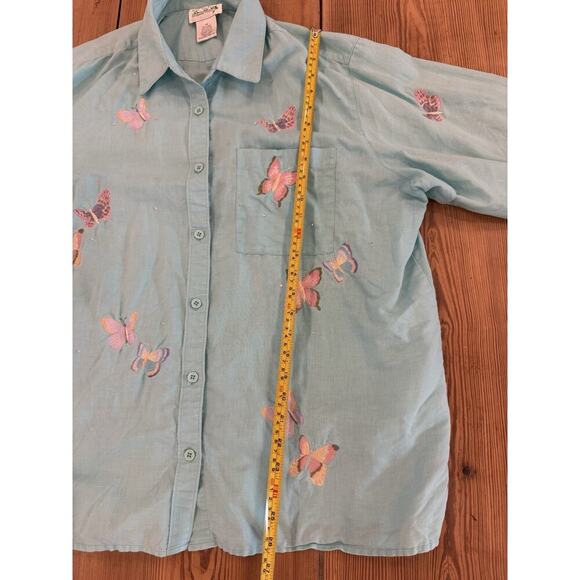 Women's Quacker Factory Butterfly Embroidered Linen Blend Button Up Blue XL - Picture 5 of 5